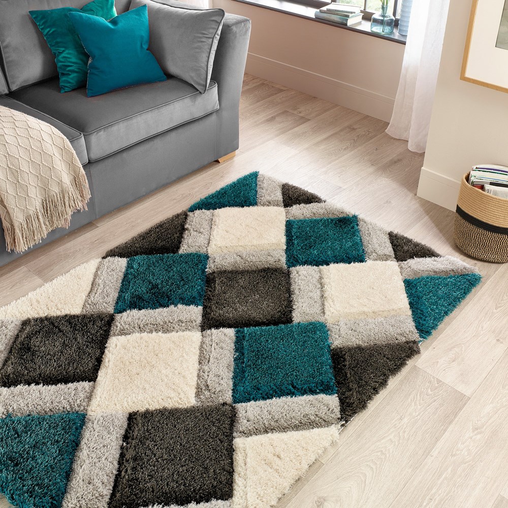 Origins 3D Geo Hand Carved Geometric Shaggy Rugs in Teal Blue